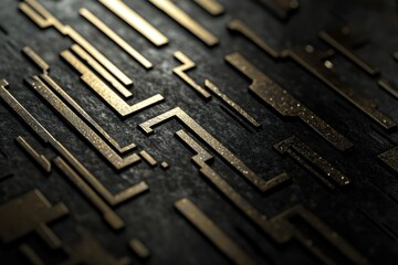 Fototapete - Abstract image of intricate gold circuitry on a dark background, resembling a technological maze or complex network.
