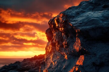 Poster - A fiery sunset illuminates a dark, rugged cliff face, creating a dramatic and awe-inspiring scene.