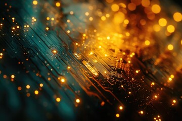 Poster - Close-up of a circuit board with glowing components, showcasing intricate pathways and technological advancements.