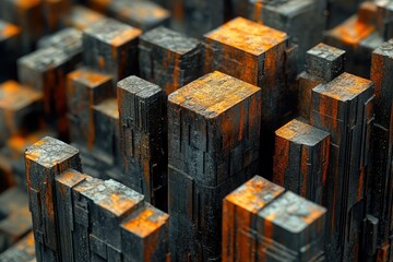 Leinwandbilder - A close-up of a rusty, metallic, cube-shaped structure resembling a futuristic city.