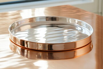 Poster - Elegant round metal tray resting on polished copper table surface in well-lit indoor setting during the day