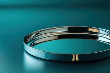 Leinwandbilder - Shiny metal tray resting on a turquoise surface, showcasing its reflective quality and minimalist design