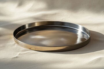 Poster - Stylish and sleek metal tray on soft fabric background with natural light highlighting its surface
