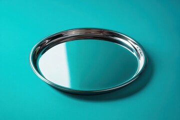Poster - Smooth stainless steel tray resting on a teal surface reflecting light and creating a minimalist aesthetic