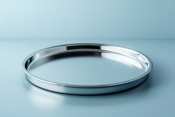 Poster - Circular stainless steel tray on a smooth surface with subtle reflections in a calm setting