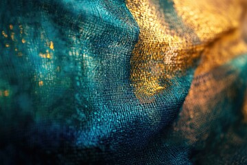 Poster - Close-up of textured fabric with teal and gold hues, creating a dramatic, abstract image.
