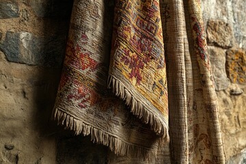 Aufkleber - Antique rugs with intricate patterns hang against a stone wall, showcasing their age and unique designs.