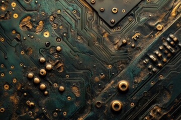 Poster - Close-up of a dark green circuit board with gold components, showing intricate details and texture.