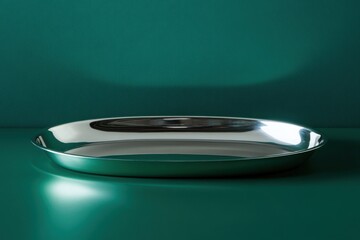 Poster - Shiny stainless steel tray placed on a teal surface showcasing modern design and minimalist aesthetic