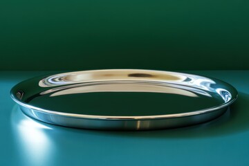 Poster - Shiny metal tray on a vibrant green and blue background showcasing simple elegance and modern design