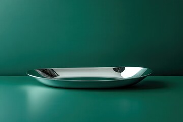 Poster - Modern stainless steel serving dish on a green background creating an elegant dining presentation