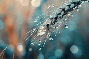 Wall Mural - dew-kissed wheat ear, glistening with morning's freshness, nature's beauty.