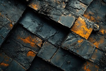 Leinwandbilder - Abstract dark and orange textured background of geometrically arranged stone blocks.