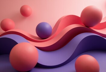 Colorful abstract composition with wavy shapes and spheres in pink and purple