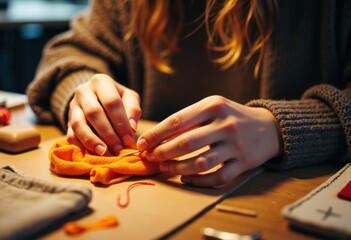  A woman sewing with orange thread on a crafting project