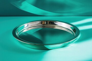 Poster - Shiny metal tray reflecting light on a vibrant turquoise surface in a well-lit setting