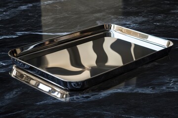 Poster - Reflective metal tray rests on dark marble surface, showcasing elegant design and shiny texture under natural light