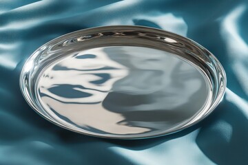 Poster - Reflective metal tray resting on soft blue fabric with a smooth texture showcasing light reflections