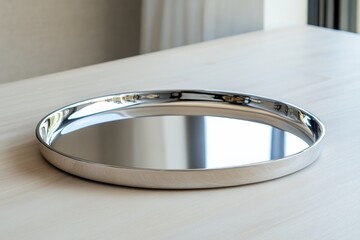 Poster - Reflective silver tray placed on a wooden table in a modern interior setting during day