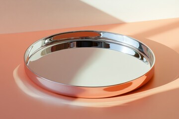 Leinwandbilder - Shiny metal tray placed on a soft-colored surface with light reflections highlighting its smooth design
