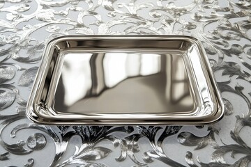 Leinwandbilder - Shiny metal tray set on decorative silver surface reflecting light in elegant interior