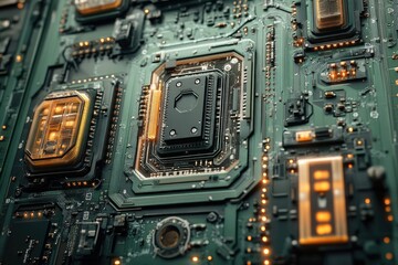 Leinwandbilder - Close-up of a circuit board showcasing intricate technological details and glowing components.