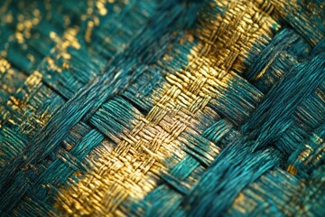 Poster - Close-up of teal and gold woven textile, intricate pattern, luxurious texture.