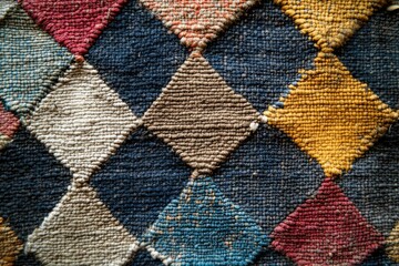 Poster - Close-up view of a textured rug with a diamond pattern in various muted colors.