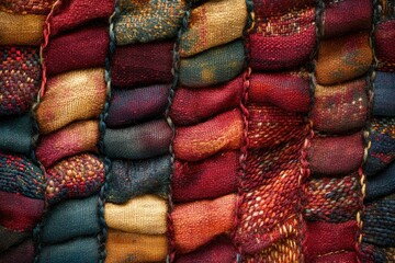 Aufkleber - Intricate woven textile with a patchwork of rich, earthy tones and textures, showcasing a unique handcrafted design.