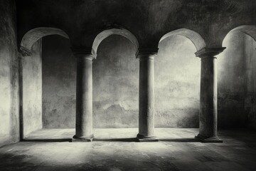 Poster - Three ancient stone pillars stand in a dimly lit room, creating a somber and atmospheric scene.
