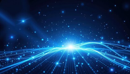 Wall Mural - abstract blue light waves with glowing particles in dark space