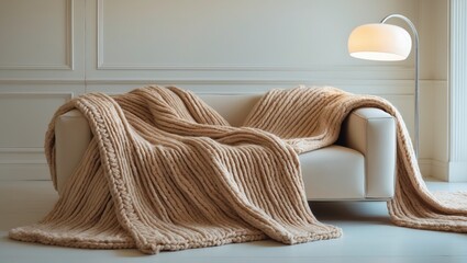 Poster - Merino wool chunky blanket knitted by hand set against an interior backdrop. Chic and cozy bedroom and chair with a white wall.