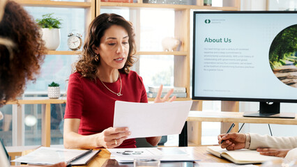 Poster - Business, woman and document for climate change in office, planning and idea of environment solution. People, presentation and brainstorming with proposal paperwork, eco friendly information and tips