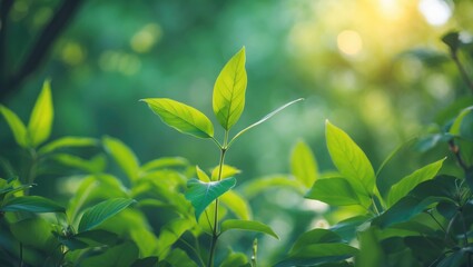 Poster - Intimate perspective of a lush green leaf on a softly blurred green garden background with ample copy space, highlighting natural plant landscapes, ecology, and fresh wallpaper themes.