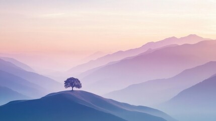 Wall Mural - Serene mountain landscape with solitary tree on hill at dusk in pastel colors with soft focus and dreamy mood