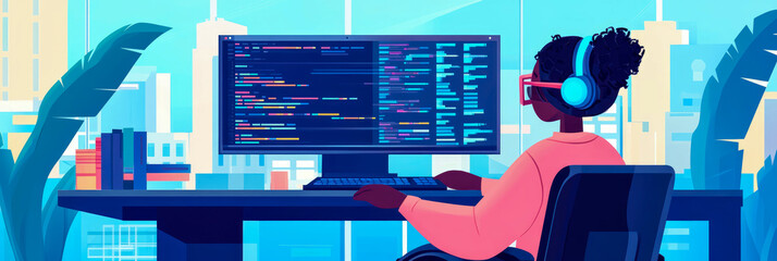 Software development engineer coding at the workplace