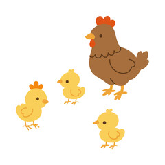 Wall Mural - a cartoon of a chicken and three chicks. the chicken is standing in front of the chicks