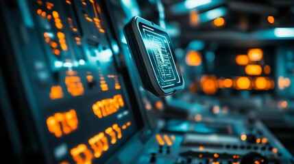 Futuristic control panel with glowing orange buttons and screens displaying data in a high-tech environment