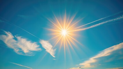 Wall Mural - Blue sky filled with clouds. Brilliant midday sunlight brightens the area. Expansive image.