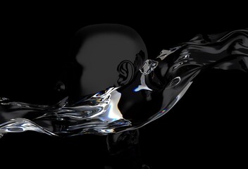 Aufkleber - 3D illustration showing a fluid, abstract form resembling a human head merging with a flowing, glossy substance against a dark background, creating a surreal and mysterious effect.
