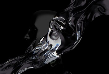 Aufkleber - 3D illustration showing a fluid, abstract form resembling a human head merging with a flowing, glossy substance against a dark background, creating a surreal and mysterious effect.