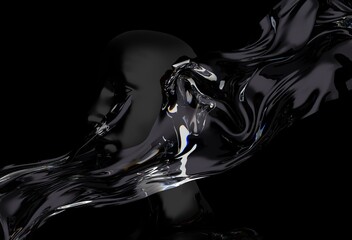 Aufkleber - 3D illustration showing a fluid, abstract form resembling a human head merging with a flowing, glossy substance against a dark background, creating a surreal and mysterious effect.