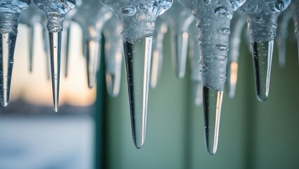 Wall Mural - detailed shot of icicles suspended from an unseen source, formed from dripping water in low temperat