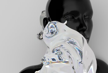 Aufkleber - Black head sculpture is enveloped by a flowing, translucent liquid, creating a surreal visual with contrasting solid and fluid elements, evoking movement and transformation.