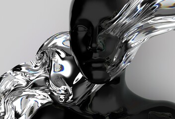 Poster - Sculpture of a sleek black head entwined with fluid, metallic-like streams creates a surreal and futuristic visual effect. 3D illustration for poster and cover.