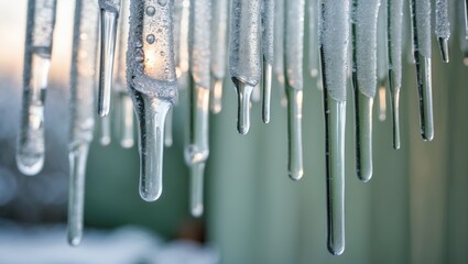 Wall Mural - close-up view of icicles hanging from an invisible object, created by dripping water in cold weather
