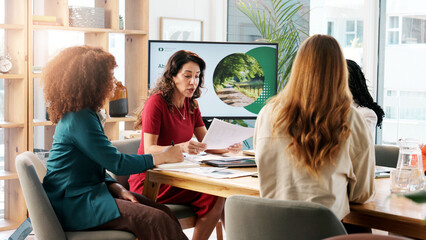 Poster - Business, women and presentation for climate change in office, planning and ideas of environment solution. People, meeting and brainstorming with proposal documents, eco friendly information and tips