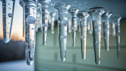 Wall Mural - intimate image of icicles hanging from a hidden item, created by water droplets in cold weather, sho