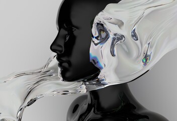 Aufkleber - Black head sculpture is enveloped by a flowing, translucent liquid, creating a surreal visual with contrasting solid and fluid elements, evoking movement and transformation.