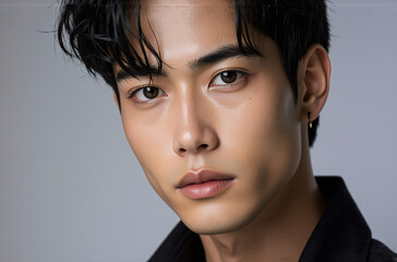 Aufkleber - A portrait of a young individual with dark hair and eyes gazes forward. They have a clean complexion, wearing a black garment, set against a plain background. The shot focuses on the face.